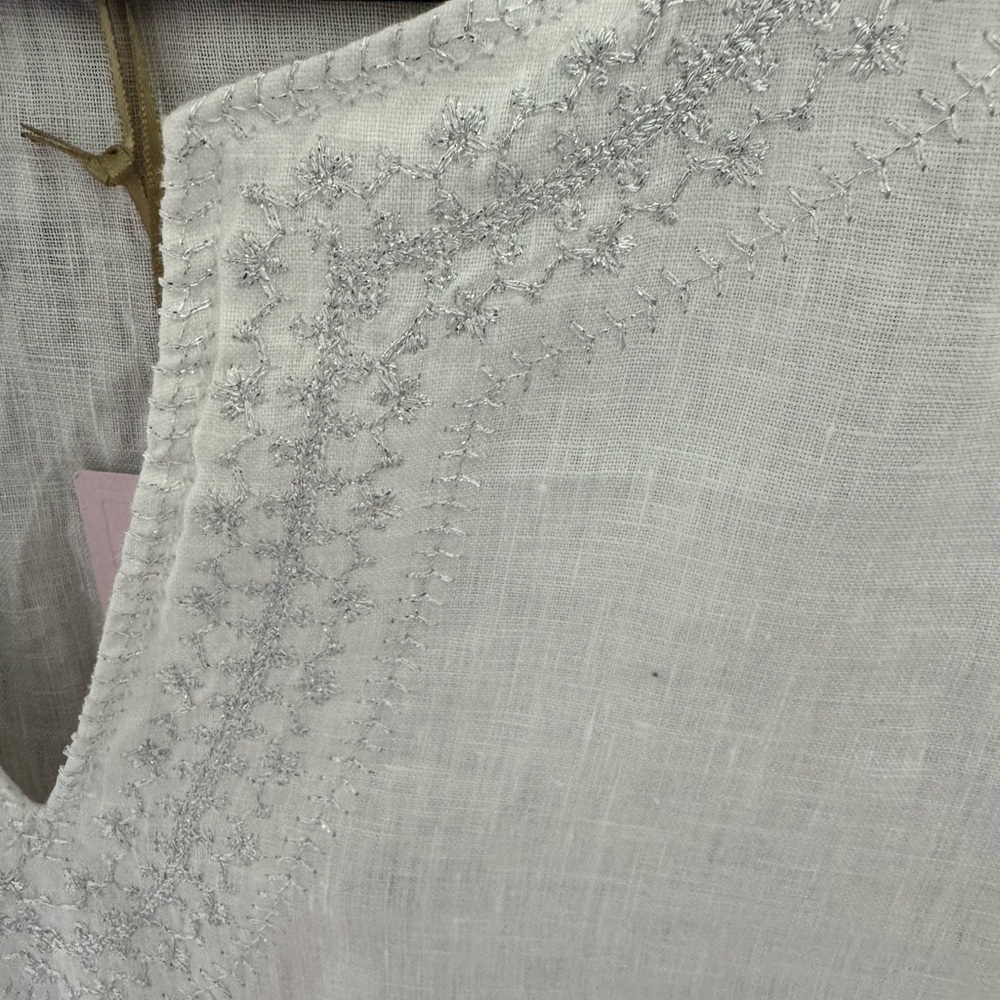 St. Tropez White with Silver Embroidery Washable Linen Blouse - Picture 3 of 9